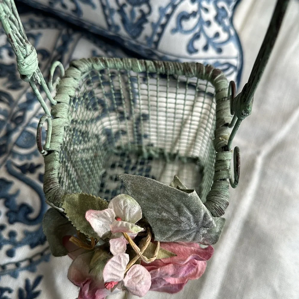Lovely sage green wired basket w pink roses wrapped handle very Romantic piece